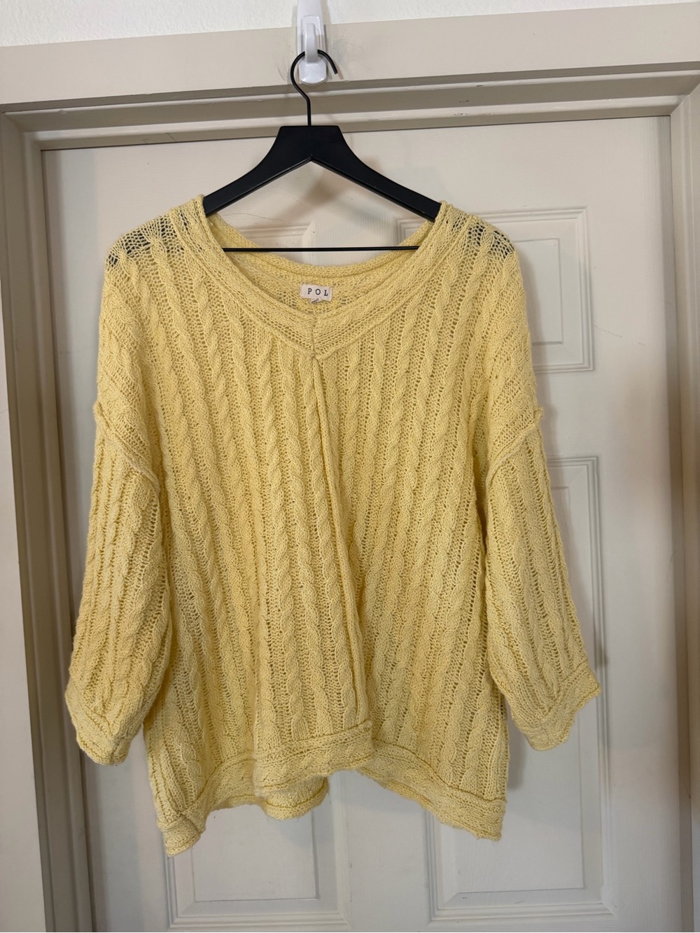 POL Soft Cable V-Neck Knit Sweater - Yellow oversized sz Small - Picture 2 of 9